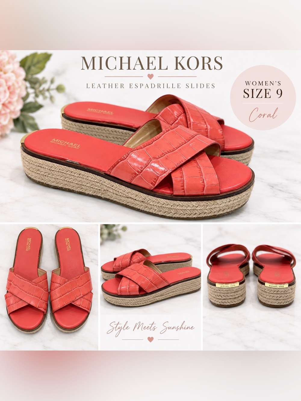 Michael Kors Coral Leather Espadrille Slide Sandals - Platform Slip-On size 9